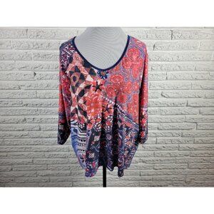 Caia Womens Top 1X Plus 3/4 Sleeve Pink Floral Poly Blend Casual Stretchy FLO27E